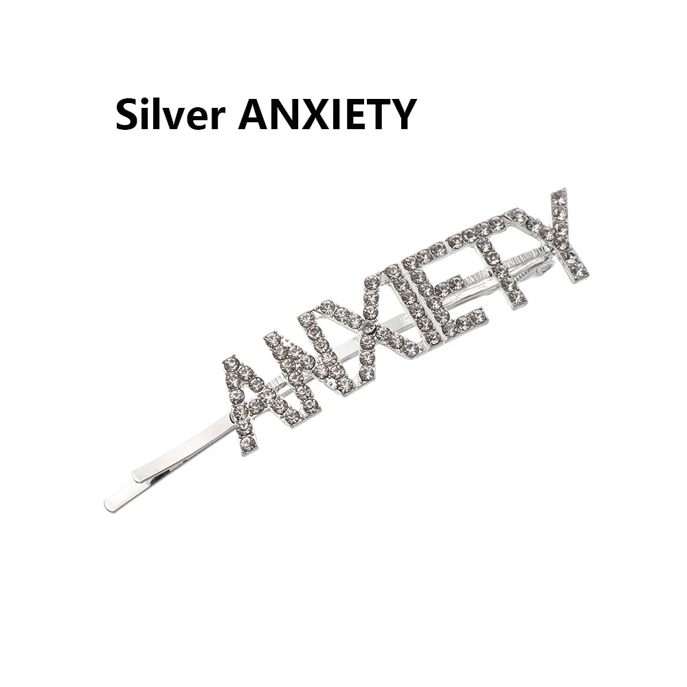 Sliver ANXIETY GLAM DRIPPIN буквы модная заколка для волос с кристаллами блестящие стразы заколки для волос аксессуары для волос для женщин и девушек - Цвет: Sliver ANXIETY