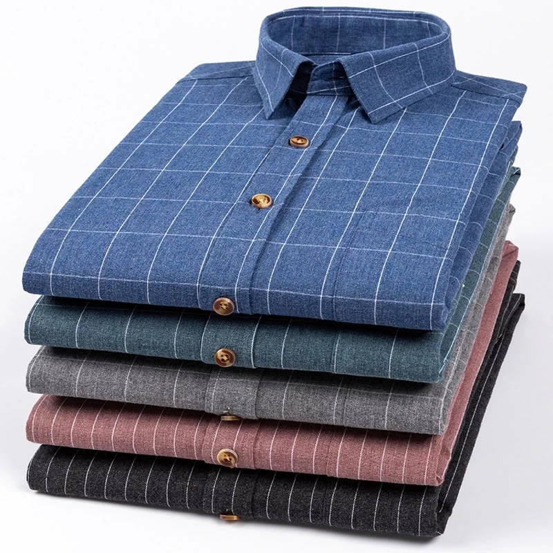 New 7XL Men's100% Cotton Shirts For Men Long Sleeve Casual Slim Fit Striped/Plaid Blouse Man Dress Shirt Male Thick Work Shirts