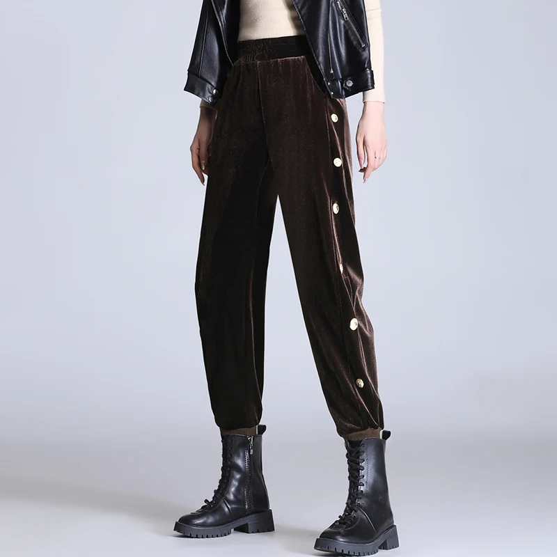 

Casual Golden Velvet Autumn Winter Pantaloni Donna Loose Commuter Harlan Pants Pantalones Mujer Cintura Alta Trousers Women