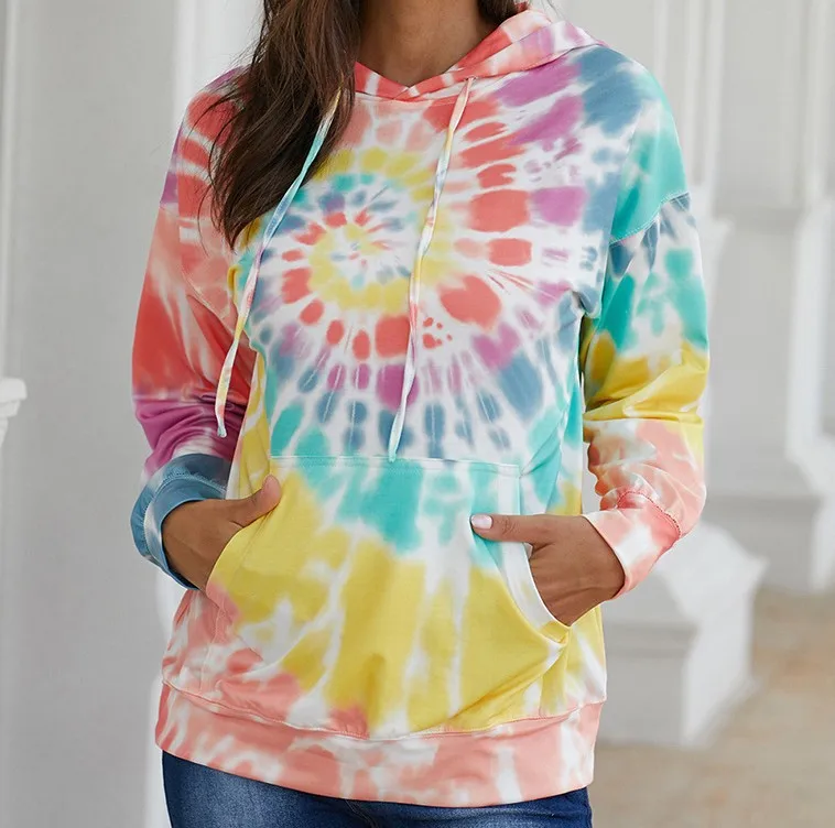 

Womens Clothing 2021 New Spring and Autumn Loose Tie-dye T-shirt Printing Hooded Long-sleeved Sweater Colorful Casual Street Top