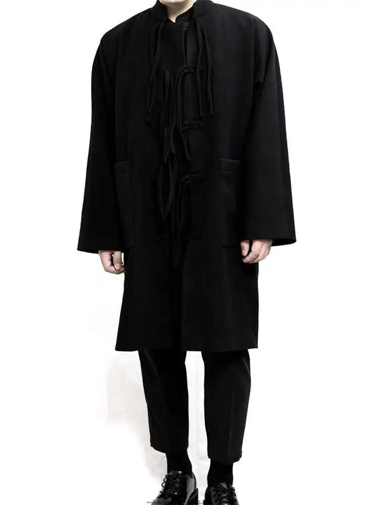 

Men's Long Sleeved Black Coat Spring New Fashion Personalized Stand Collar Chinese Disc Buckle Tang Fashion Men's Trend