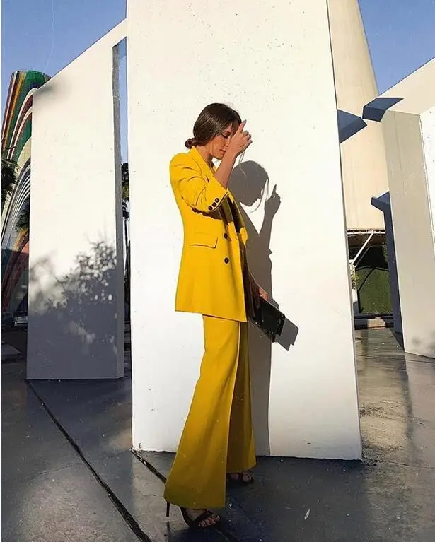 Женский блейзер с двумя пуговицами желтый винтажный Свободный Длинный Костюмный