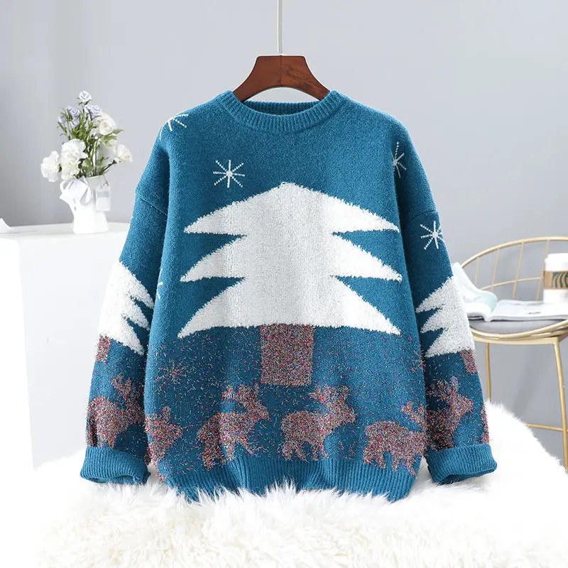 

Ленивый рождественский стиль яркий Шелковый плотный пуловер рубашка Женская свободная с круглым вырезом Зимний новый женский вязаный свит...