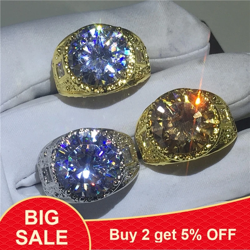 Solitaire Male Big Ring 15ct AAAAA Cz Stone Gold Filled Party Wedding band Rings For Men Unique Jewelry Gifts | Украшения и