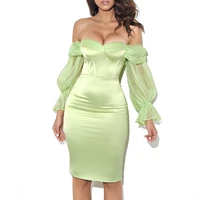 satin off shoulder puff sleeve party dress 2021 new arrival sexy bodycon dress women summer night club party dress