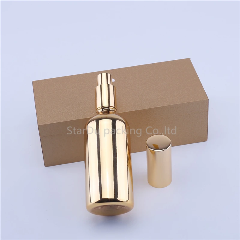 200pcs 100ml Empty UV Gold Electroplate Perfume Cream Spray Lotion Pump Refillable Glass Bottles With A Box | Красота и здоровье