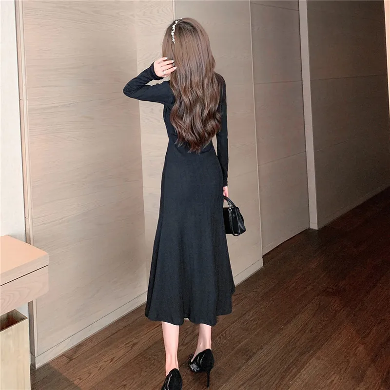 

Real Shot 2020 Autumn And Winter New V-Neck Long Sleeves Pleated Slim Fashion Design Wild Sexy Mid-Length Dress