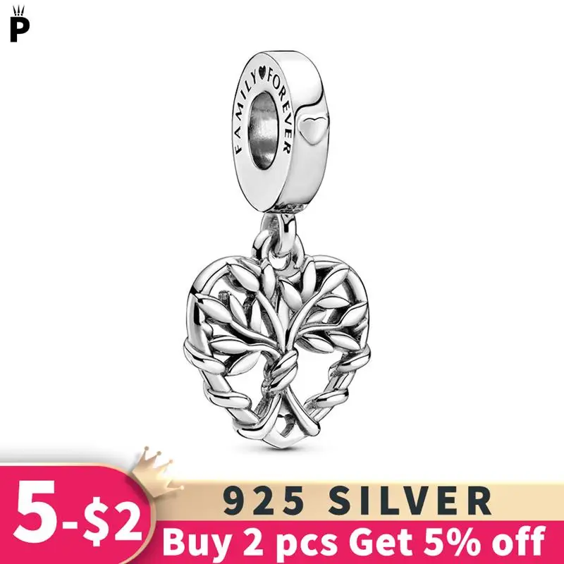 

NEW Family Tree Pendant 925 Sterling Silver Heart Dangle Charms Beads Fit Original Quality Bracelet Necklace S925 DIY Jewelry