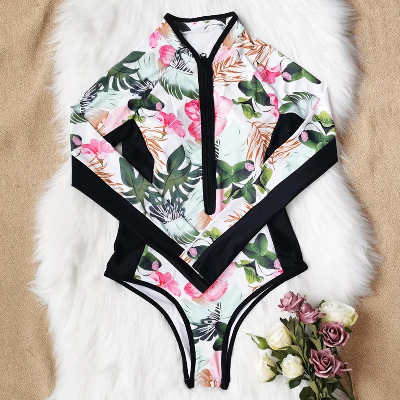 

Floral 1 Piece Swimsuit Women Swimwear Monokini Long Sleeve Printed Female Bathing Suit Surfing Bodysuit Swim Wear