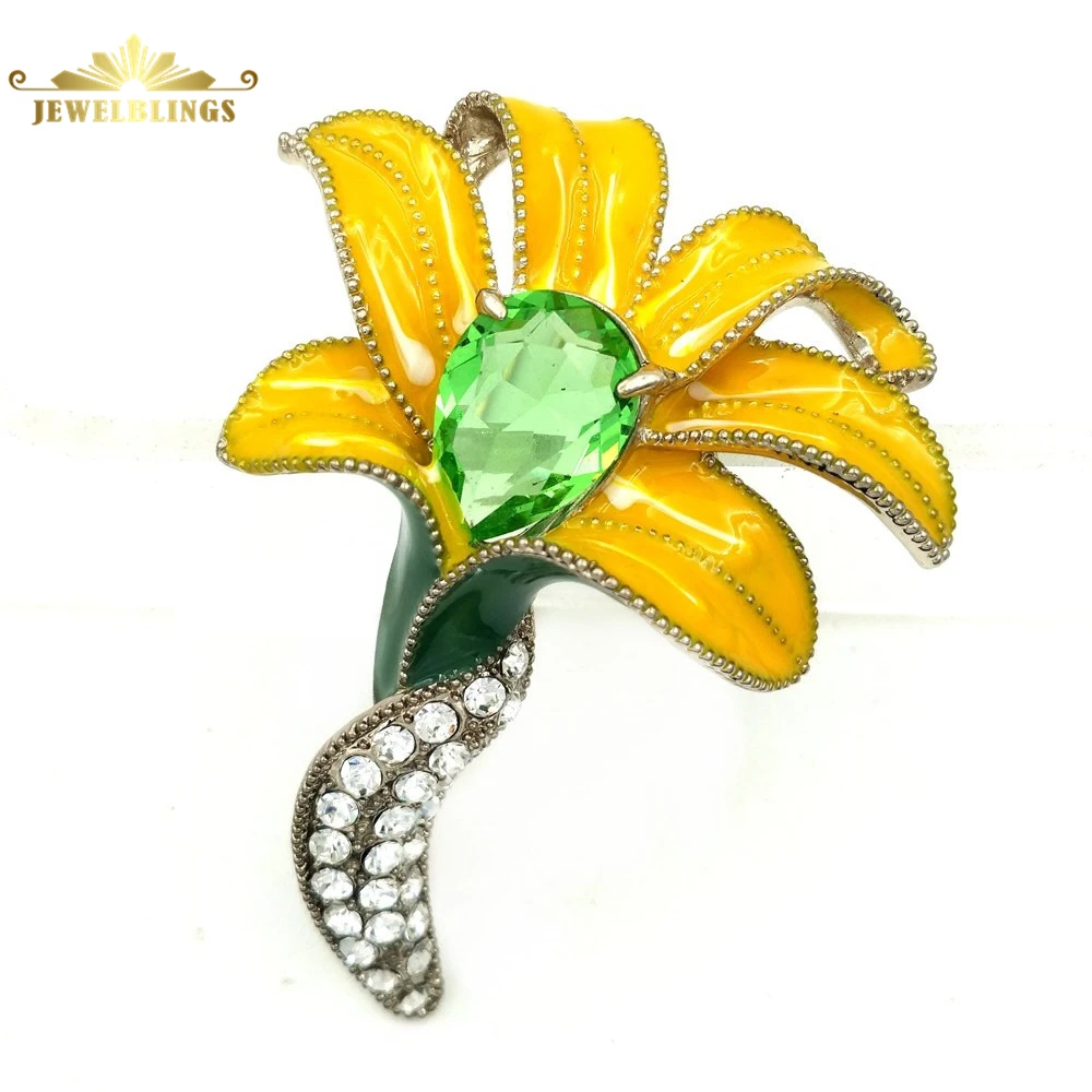 

Nature Antique Micro Pave Crystal Stem Pear-Shaped Green Stone Domed Pink Enamel Orchid Brooches Lily Pin Floral Hijab Accessory