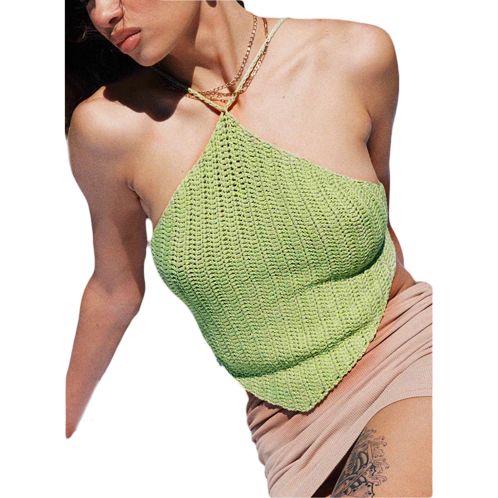 

Women's Crop Cami Tops, Sleeveless Criss Cross Self-Tie Backless Solid Color Crochet Camisole