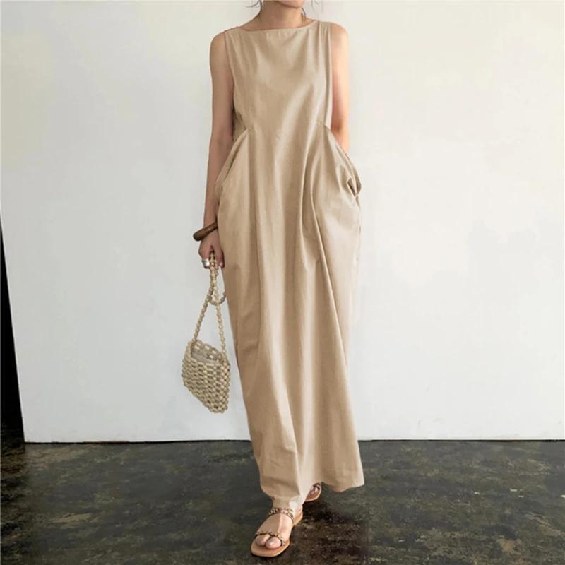 

Женское платье-макси без рукавов, Свободный Повседневный однотонный длинный сарафан с карманами и круглым вырезом, размеры до 5xl