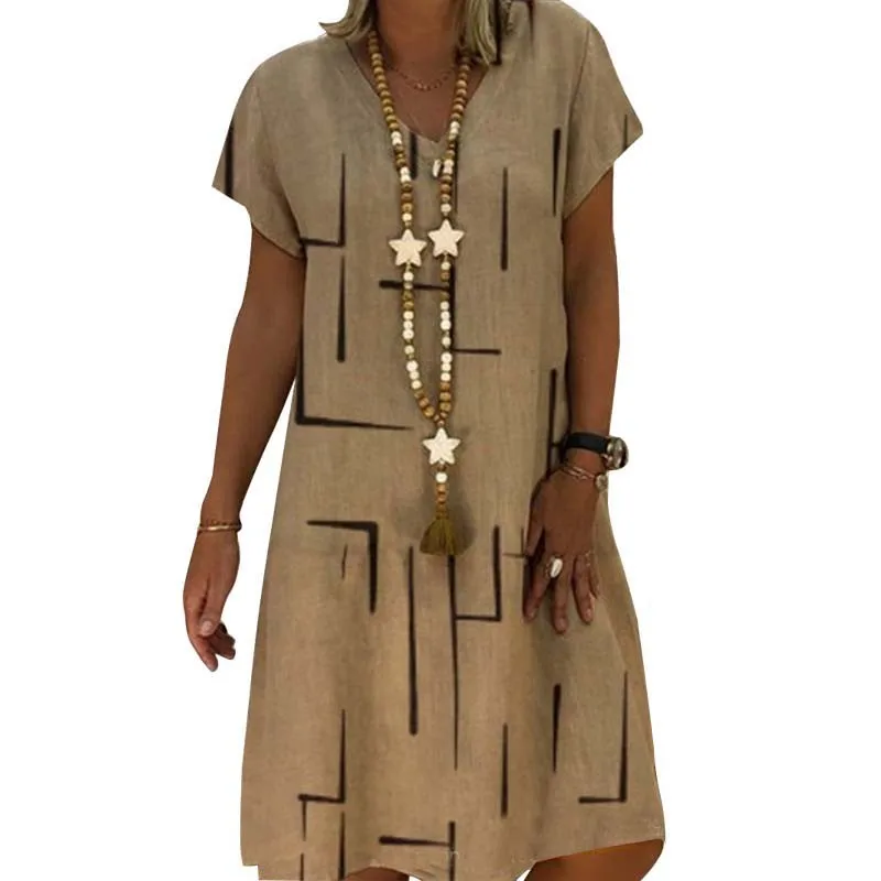 

2021 Summer Casual Midi Dress Women Print V-neck Short Sleeve Vintage Plus Size Loose Dresses Female Beach Boho Yellow Dress