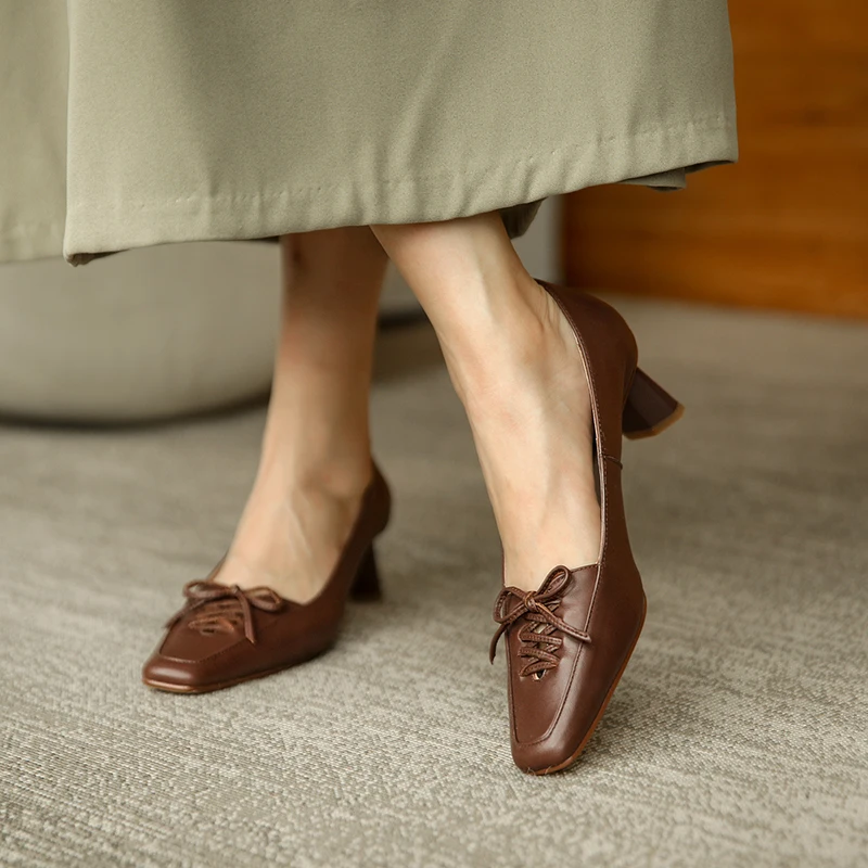 

Osunlina Woman's Pumps 2021 Fashion Slip On 5cm High Heels Genuine Cow Leather Square Toe Office Lady New Spring Shoes A210