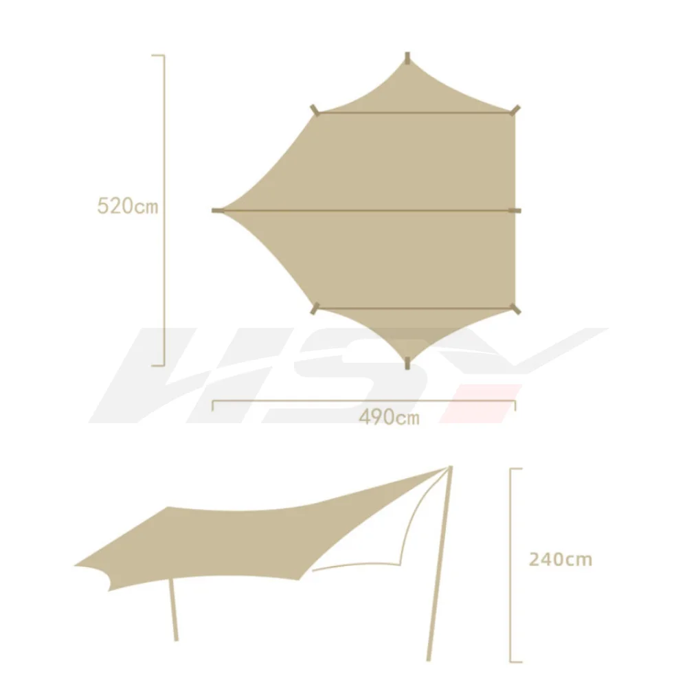 5.2*4.9M UPF50+ 300D Oxford Black coated Waterproof 5000+ Khaki Rain Awning Tent Canopy Camping Sunscreen Maple Leaf Awning Tarp