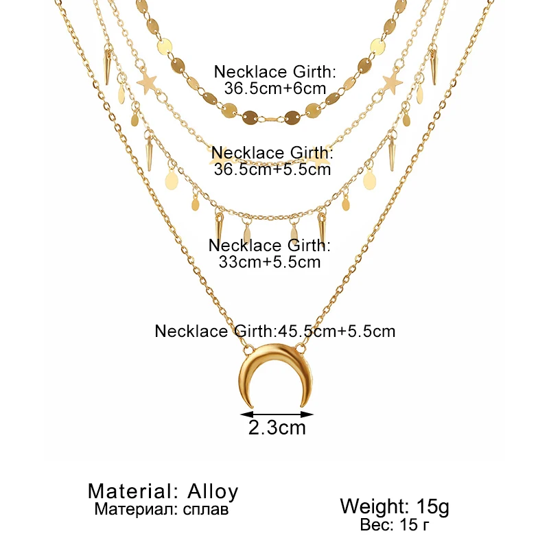 

Vintage Gold Sequins Star Necklaces For Women Bohemian Round Crystal Crescent Pendant Necklace Multilayer Chain Jewelry Gift