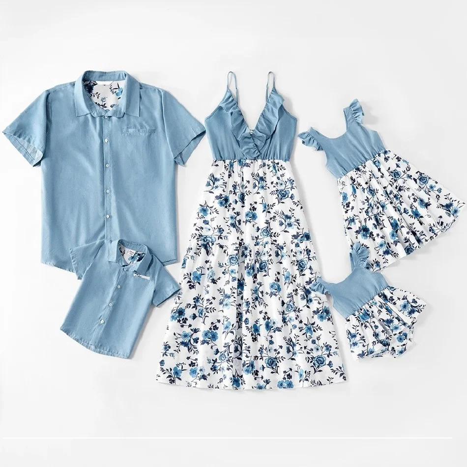 

Cotton Family Set Mom Daughter Dress Father Son T-Shirt Baby Rompers Flower Printed Ruffles Short Sleeve Family Matching Outfits