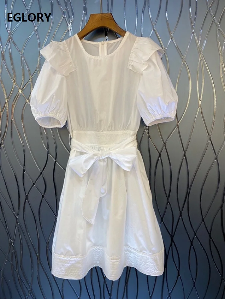 

High Quality Cotton Dress 2021 Summer Style Women O-Neck Ruffle Deco Short Sleeve Large Swing Casual White Orange Dress Belts