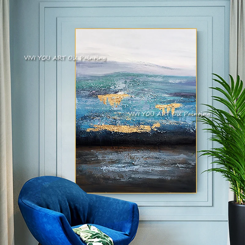 

Модные картины с изображением синего моря, ручная роспись, Современная Большая абстрактная картина маслом на холсте, картина для гостиной, домашний декор
