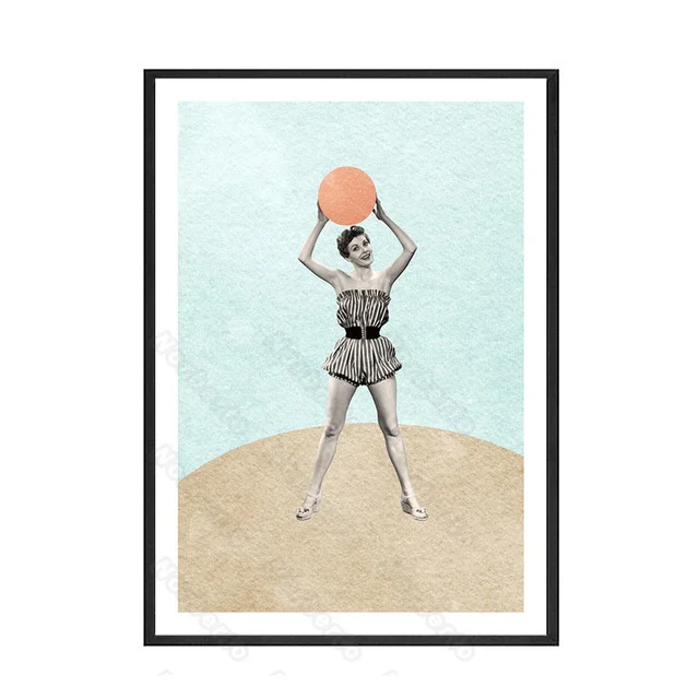 

Modern Style Canvas Painting Posters a Woman Holding an Orange Balloon a Hand with Two People and Flowers for Home Rooms Decorat