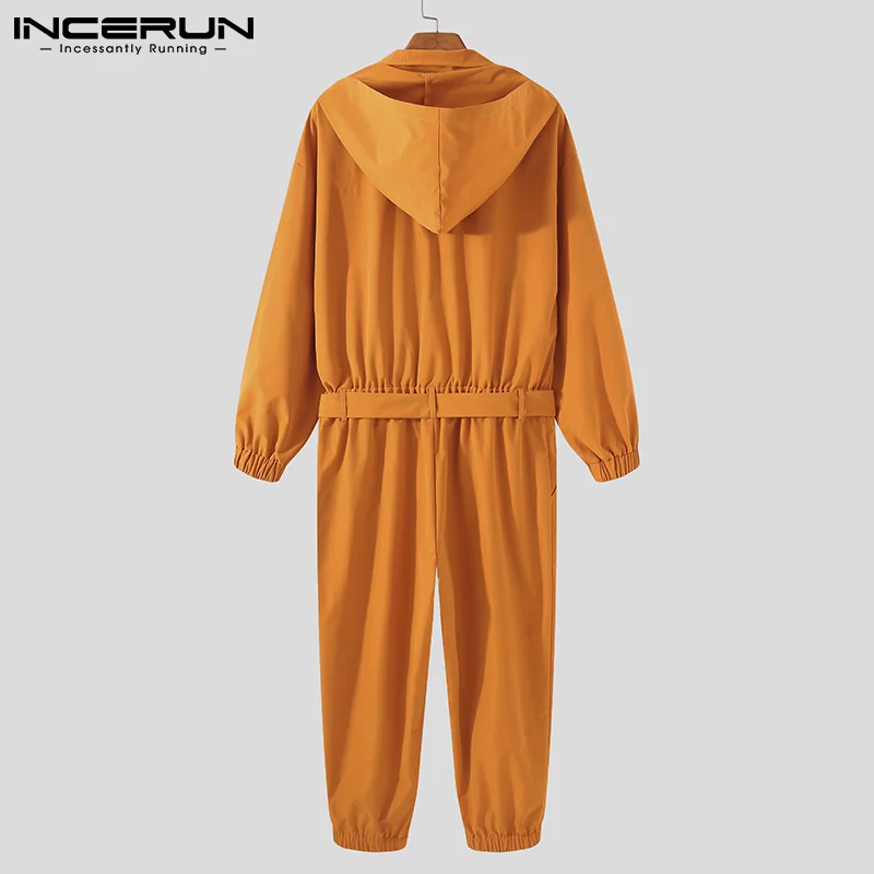 

Men Cargo Overalls Solid Hooded Long Sleeve Streetwear Fashion Jumpsuits Pockets 2021 Joggers Casual Rompers With Belt INCERUN