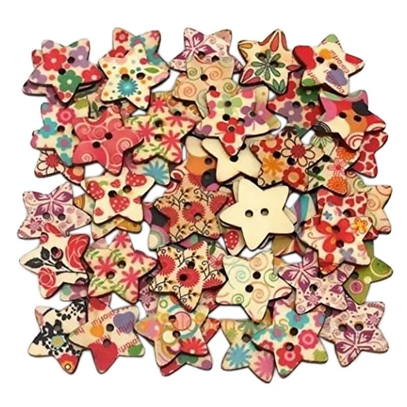 25 штук деревянных пуговиц в форме пятиконечной звезды для шитья, декора одежды, рукоделия и детского творчества, 25 мм.