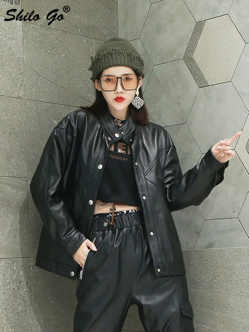 

Streetwear Stand Collar Buttons Front Drop Shoulder Jacket Women Winter Casual Black Genuine Leather Coat Sheepskin Outwear