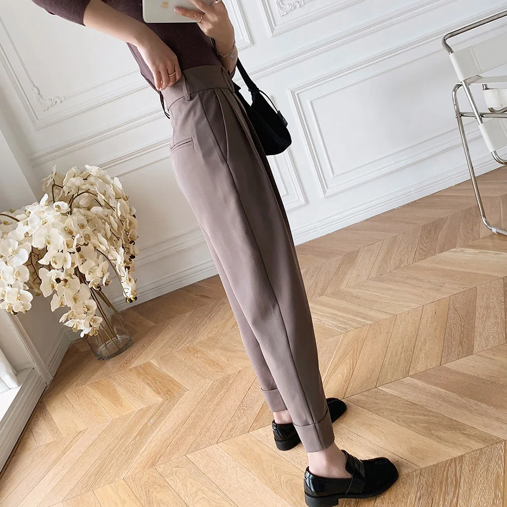 2020 Autumn Winter Female Women Trousers Pleated Ankle Length High Waist Straight Wide Leg Dropped Crotch baggy Pants For Women