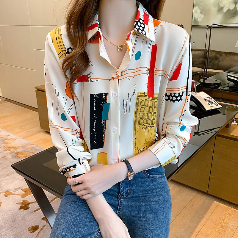 

2022 Spring Casual Tops For Women Long Sleeve Shirt Printed Female Chiffon Blous Loose Temperament Turn-down Collar Button Top