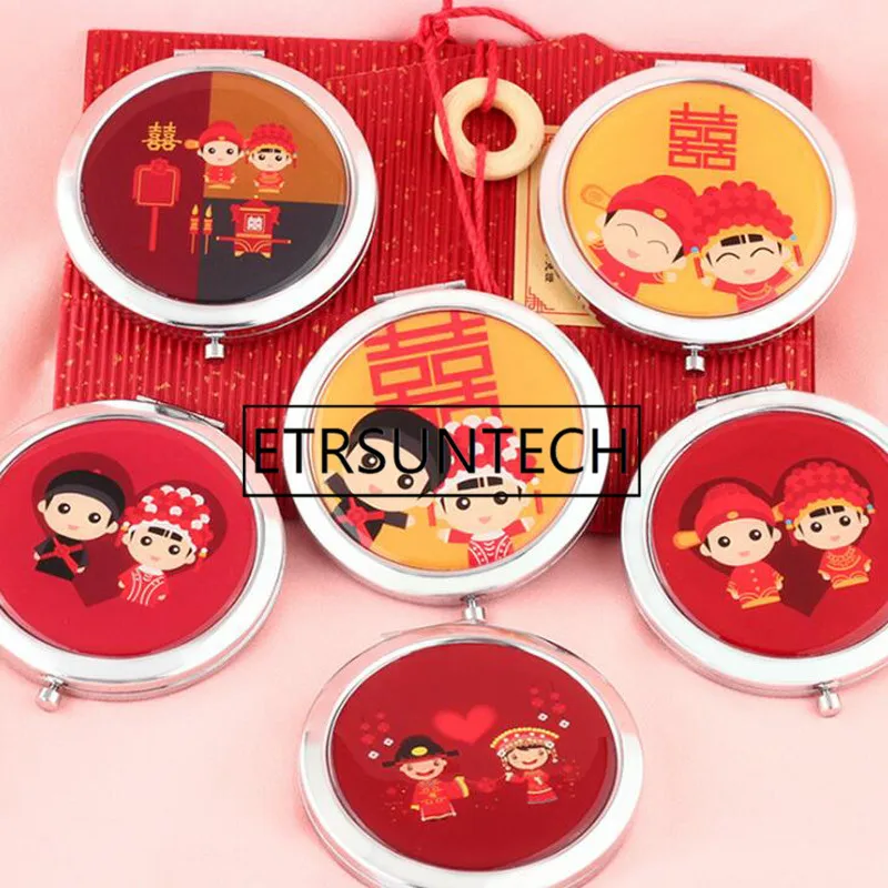 

50pcs Bride and Groom Double Happiness Portable Vanity Mirror Wedding Favor Gift Guest Souvenirs Wedding Supplies