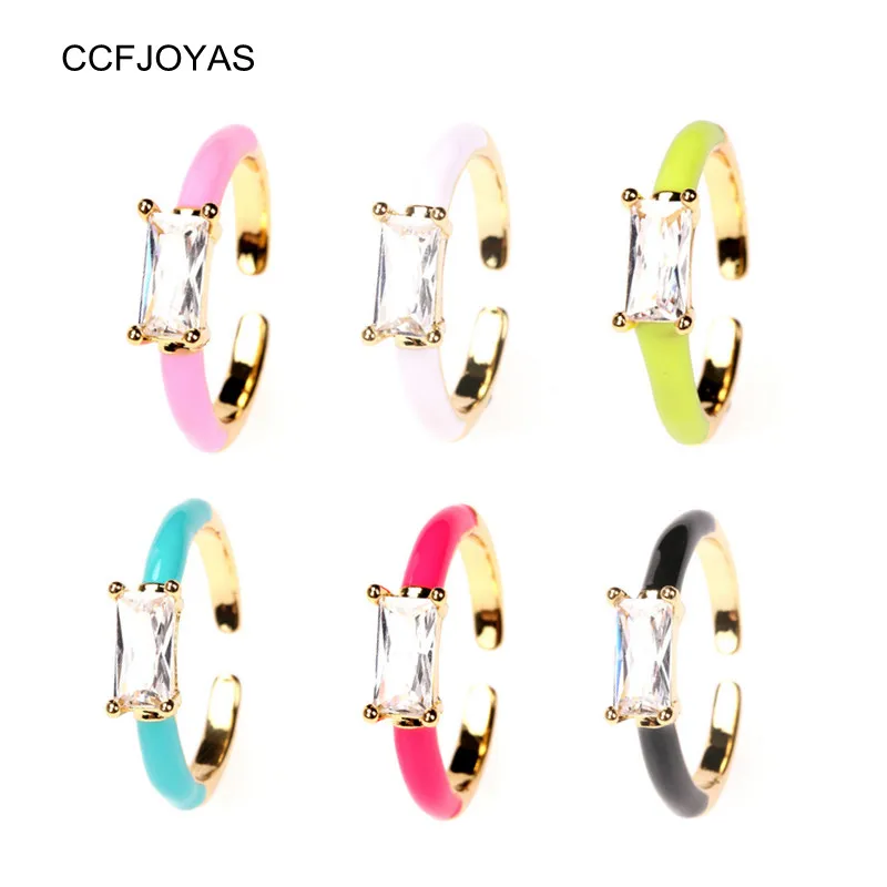 

CCFJOYAS Fashion INS Copper 18K Gold-plated Square Zircon Open Rings for Women White/Pink/Blue/Black Enamel Wedding Rings 2021