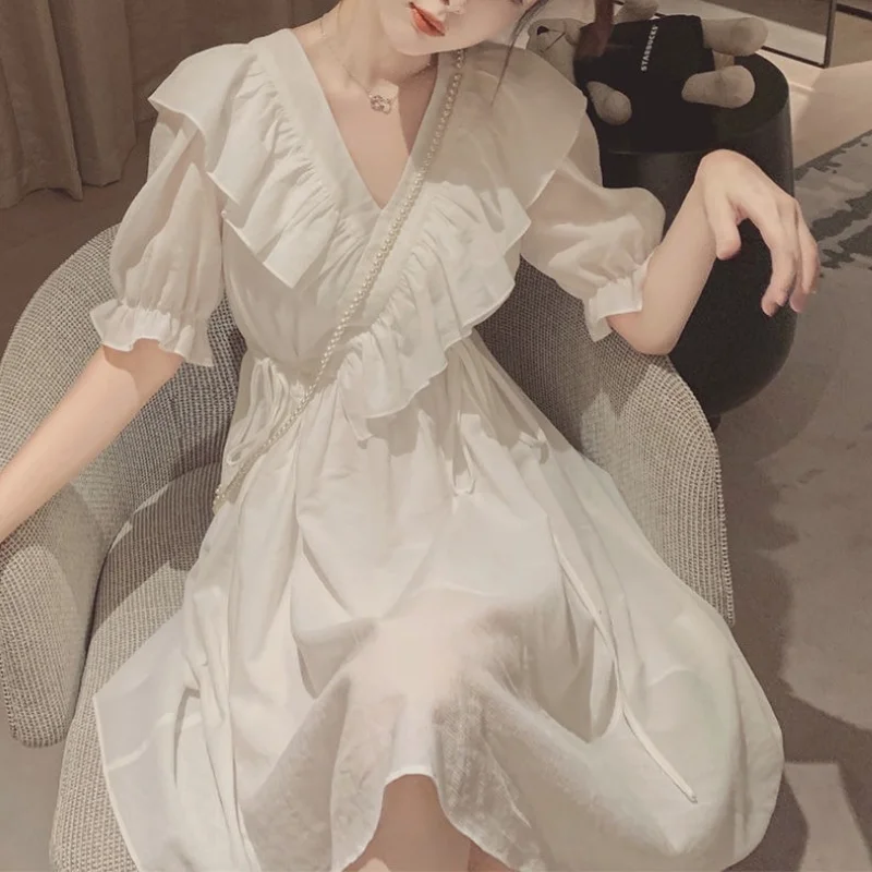 

Дизайнерское французское мини-платье, женское повседневное Бандажное винтажное однотонное платье в Корейском стиле, милое сказочное летне...