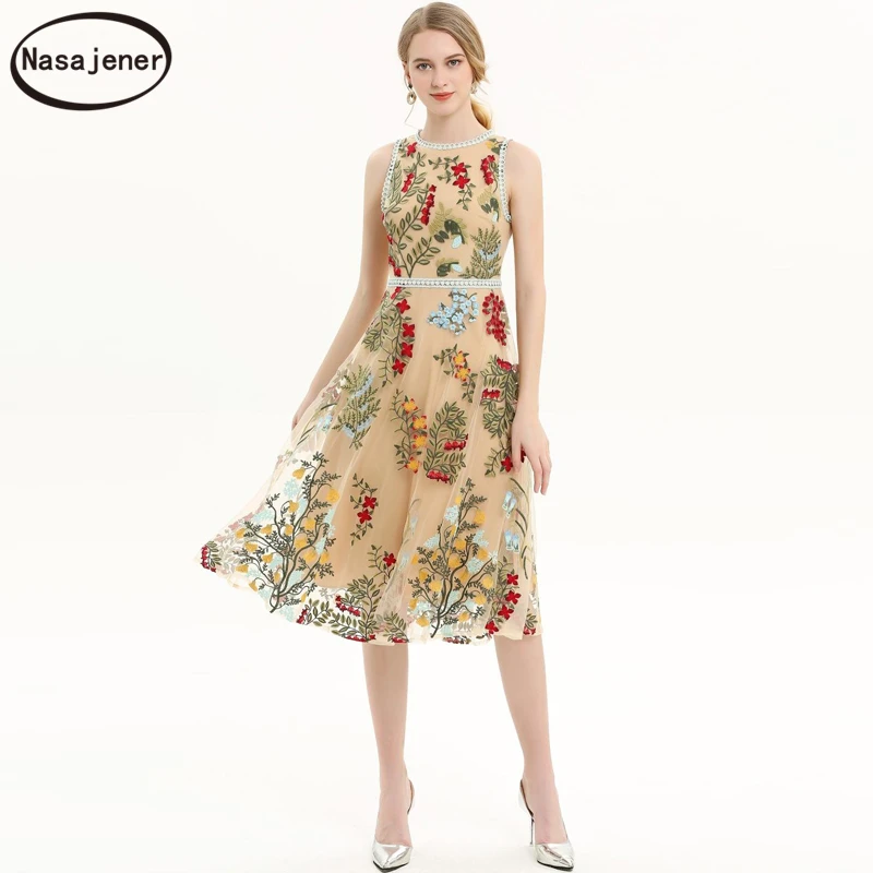Модное подиумное летнее Сетчатое миди-платье для женщин без рукавов с цветочной