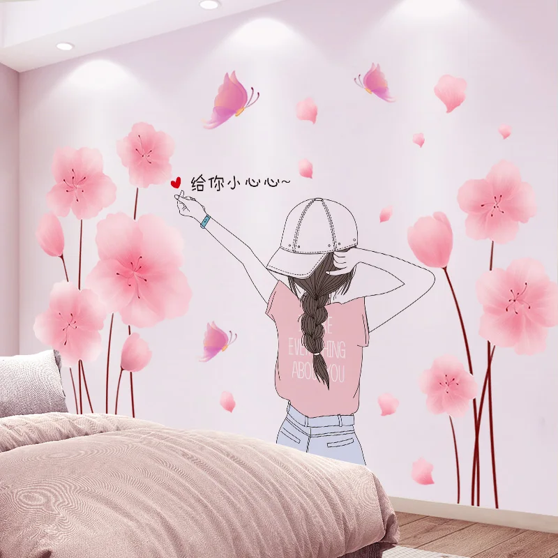 

[SHIJUEHEZI] Cartoon Girl Wall Stickers DIY Pink Flowers Plants Mural Decals for Kids Room Living Room Kitchen House Decoration