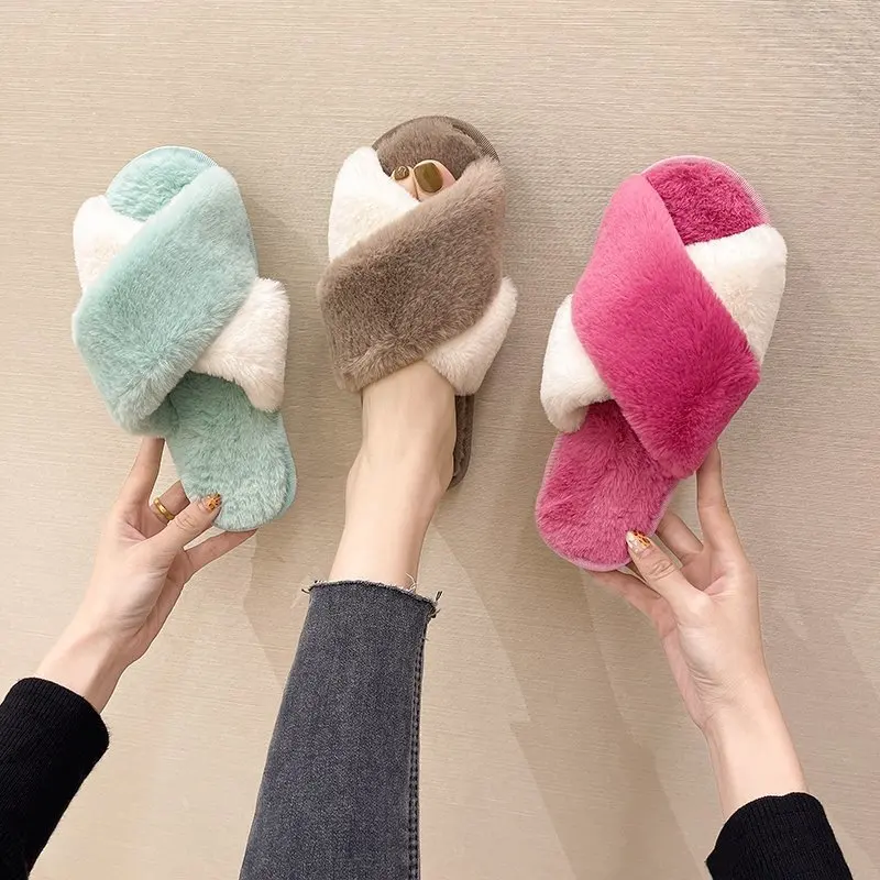 

Slippers for Home Women Winter Furry Warm Flat Ladies Fluffy Soft Faux Fur Slides Indoor Plush Female Open Toe Flip Flops Shoes