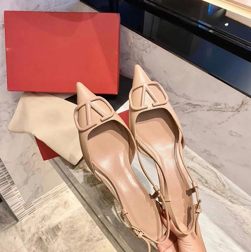 

Luxury V Brand Women Pointed Sandal 6cm 8cm 10cm Thin High Heel Metal V-button Genuine Leather Women's Wedding Shoes WITH BOX