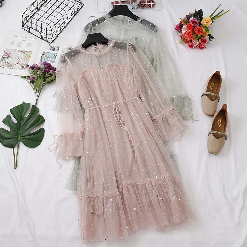 Женское Плиссированное Сетчатое платье миди Осеннее винтажное эластичное