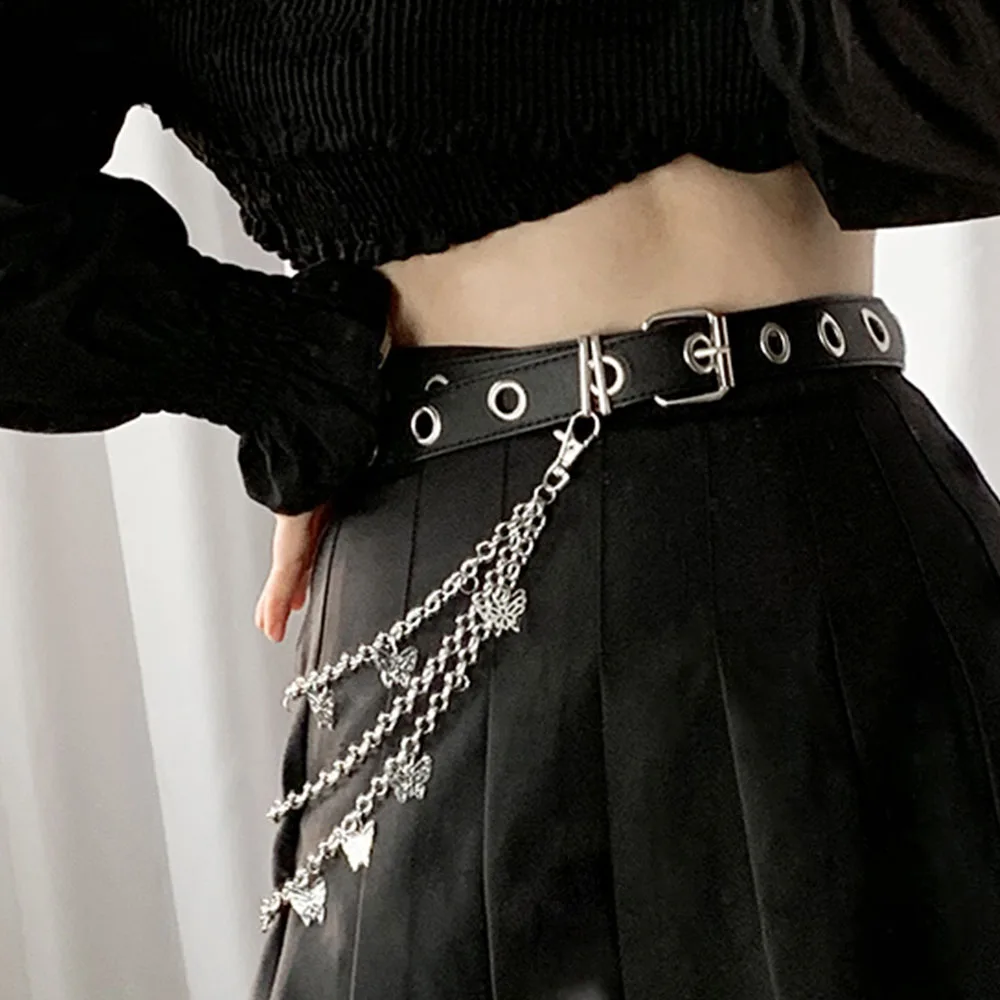 

Gothic Women Punk Butterflies Chain Fashion Belt Street Style Casual Decoration Black Waistband Unisex Couple Adjustable Be