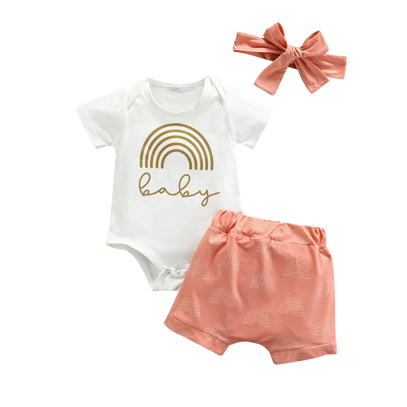 

Комплект для новорожденных из 3 предметов, Летний комбинезон с коротким рукавом, круглым вырезом и принтом радуги и букв, шорты и повязка на ...