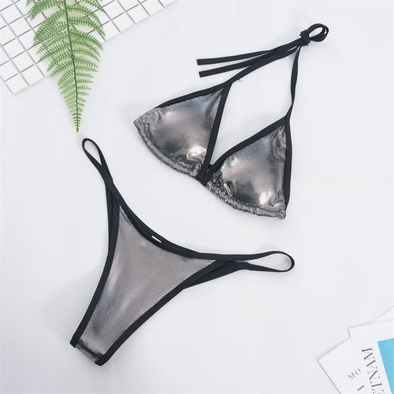 Блестящее серебряное бикини для женщин 2019 Bronzing купальник пляжа микро дерзкие