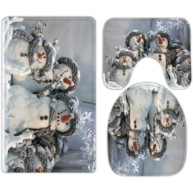 

Cute Snowman Scarf Christmas 3-piece bathroom carpet, U-shaped cushion, non-slip goose down toilet seat, washable