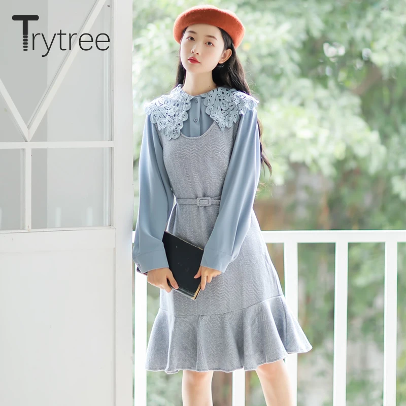 

Trytree Autumn Winter Women Two piece sets Casual Peter pan Collar Single Breasted Tops + Dress Ruffles Belt Set Piece 2 Set