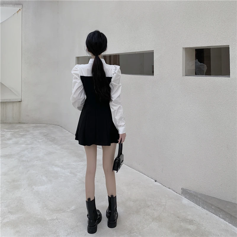 Женское повседневное мини-платье с длинным рукавом Белое и черное платье