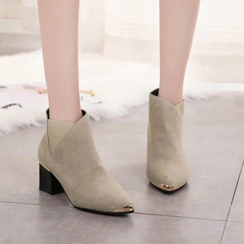 Women Chelsea Boots Women's Lace Up Woman Thick Heel Female Flock Mid Heels Steel Head Comfort Zip Shoes Ladies Pumps Plus Size | Обувь