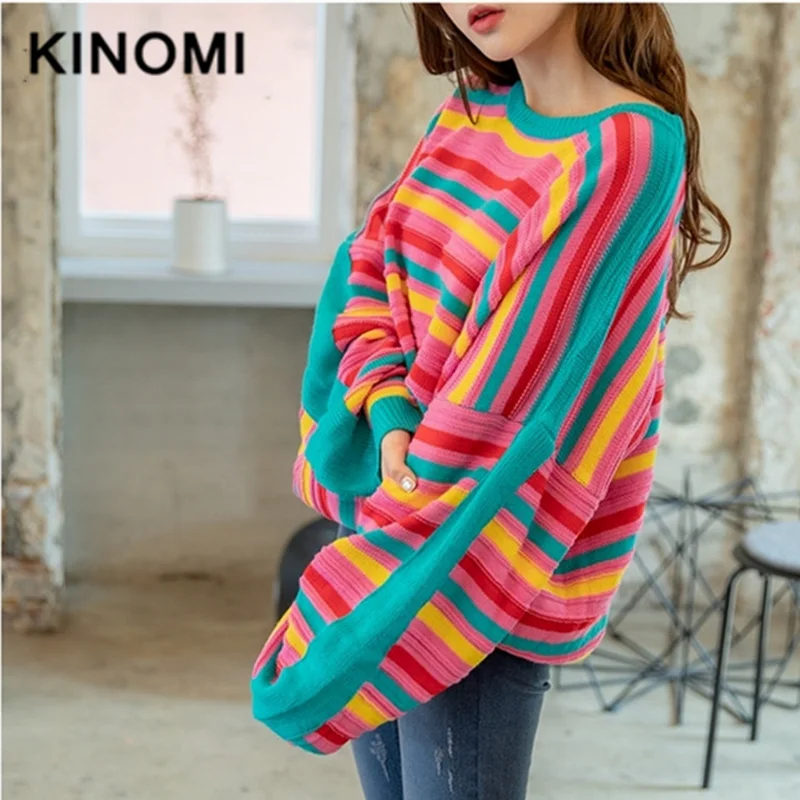 KINOMI Autumn Winter Rainbow Striped Women's Sweaters Bat Sleeve O-Neck Fashionable Korean Style Knitting Casual Tops 2019 New | Женская