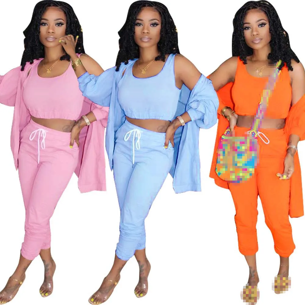 

Комплект из трех предметов для женщин, комплект из трех предметов, спортивный костюм для женщин, укороченный топ и штаны, пальто, комплект из...