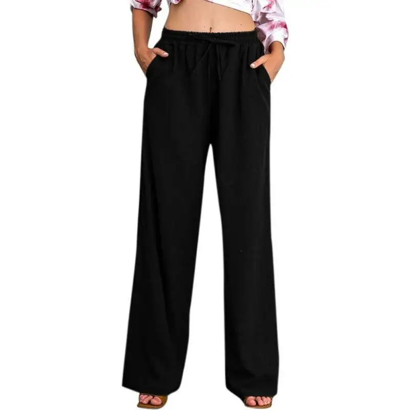 

Womens Elastic Waist Drawstring Pants Straight Leg Casual Baggy Pocket Trousers