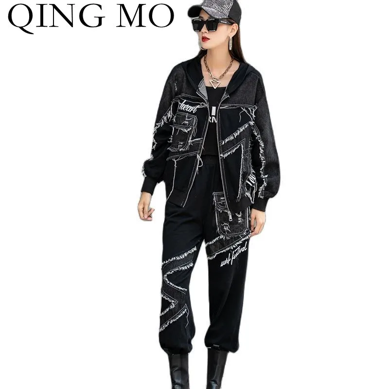 

QING MO 2021 Autumn Fashion Stitching Denim Sets Women Zipper Cardigan Hooded Jacket + Pants Two Piece Loose Casual Sets ZWL777
