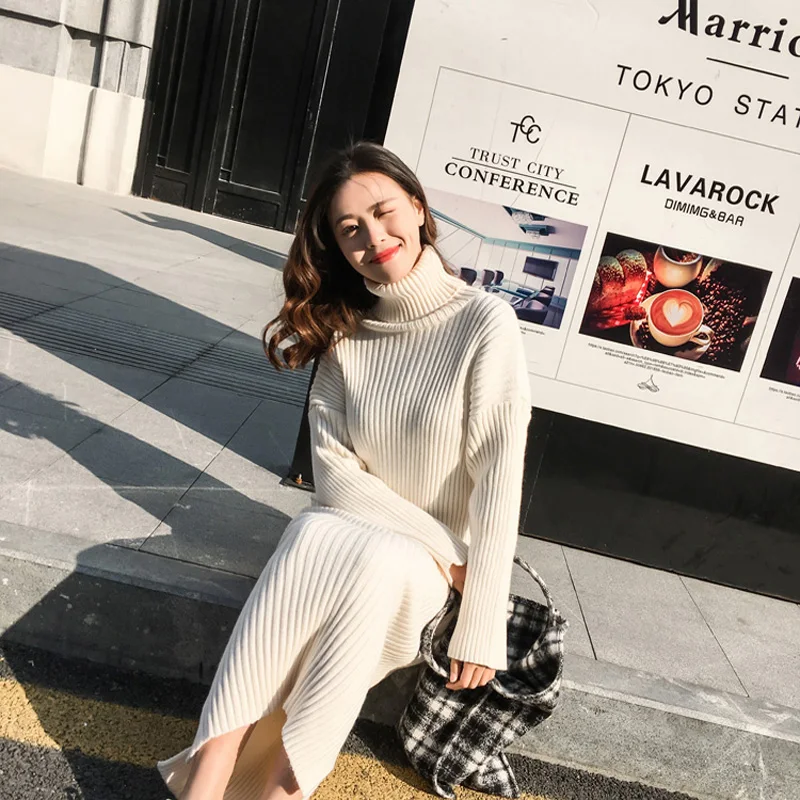 Теплый осенне-зимний женский длинный свитер с высоким воротником Женская