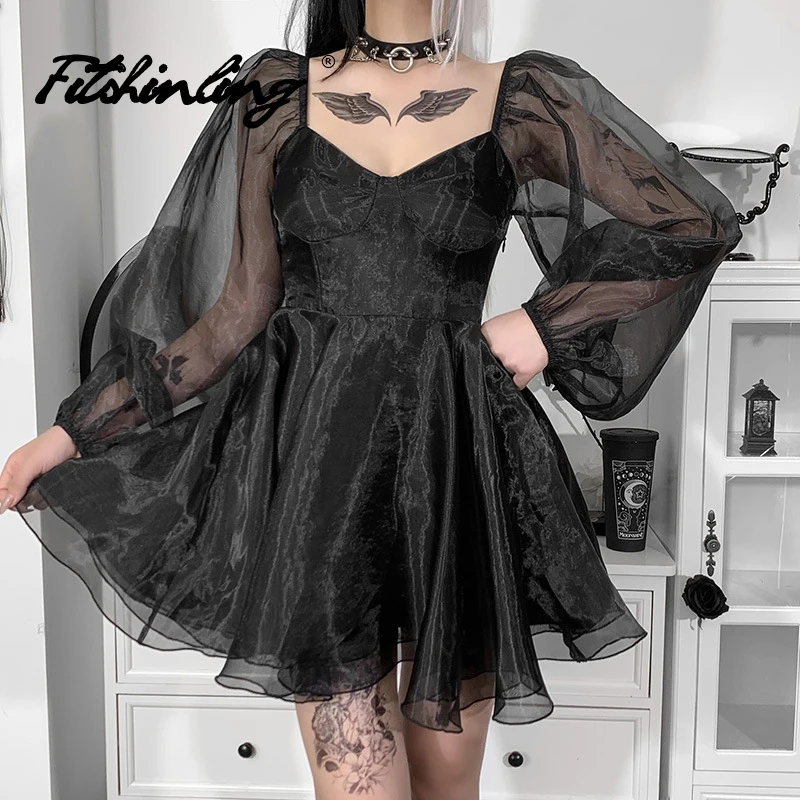 

Fitshinling Goth Dress Lace Puff Sleeve Dark Backless Sweetheart Collar Dresses Vestido Feminino Sexy & Club See Through Solid